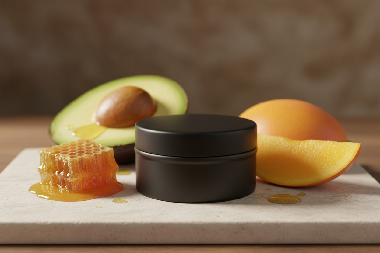 natural tallow lip balm with mango butter, bees wax, avocado oil. No label on the black tin