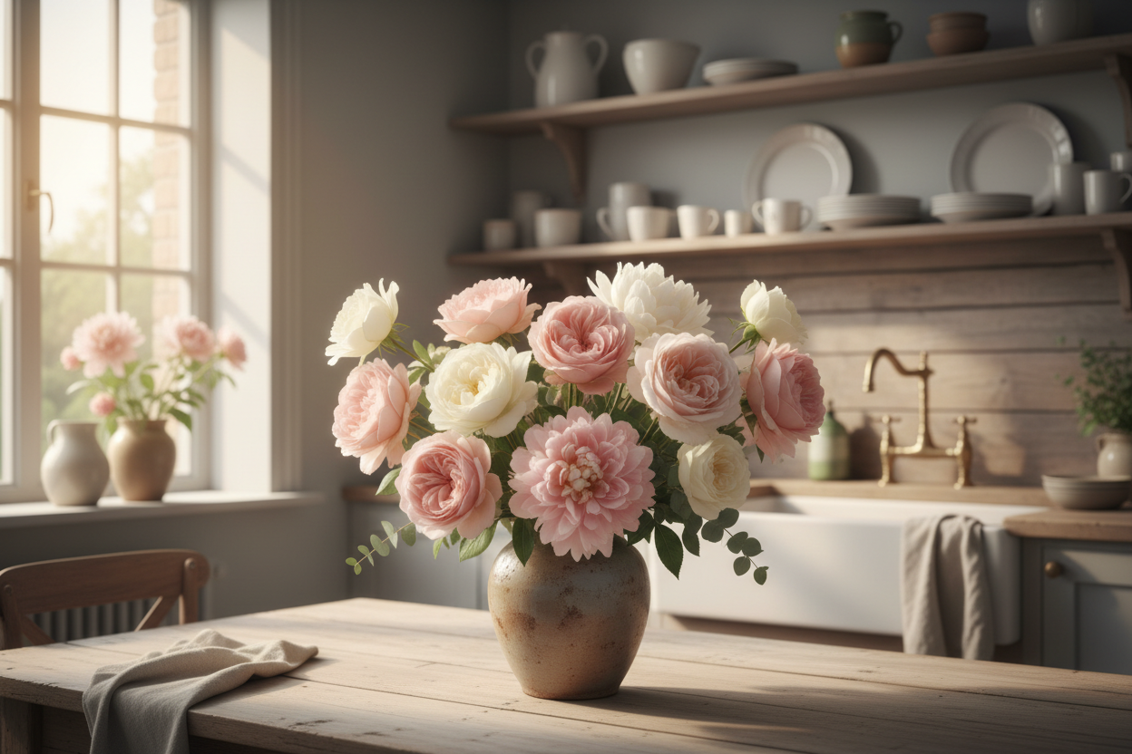 peony and roses in a vase in a country kitchen 