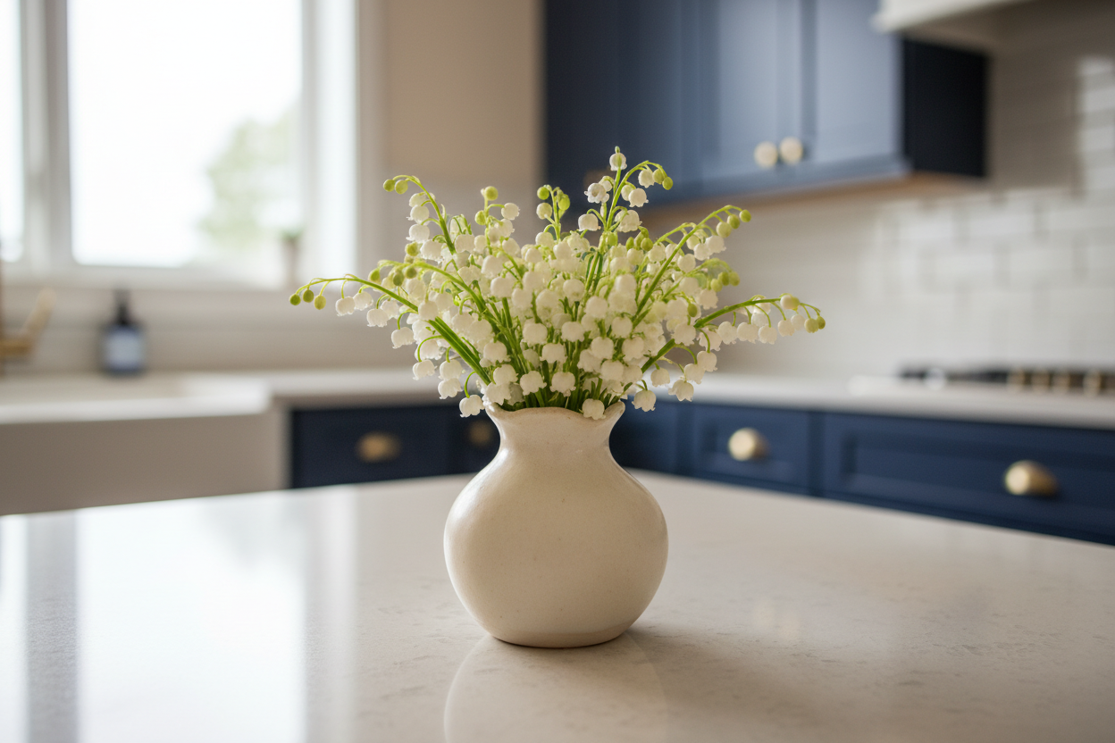 small vase on counter in blue kitchen of lily of the valley flowers