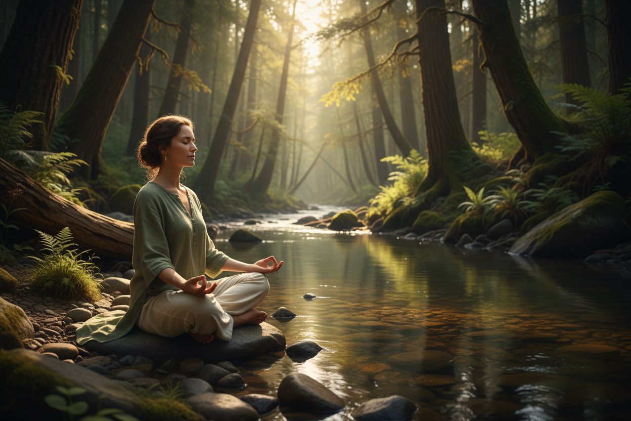 woman meditating on the side of a river in a forest