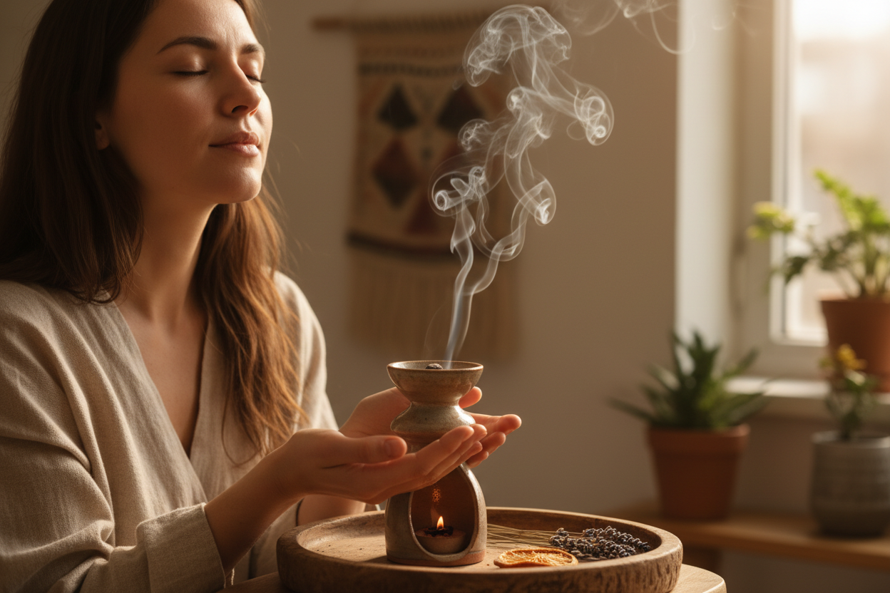 woman smelling burning incense