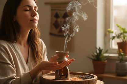 woman smelling burning incense